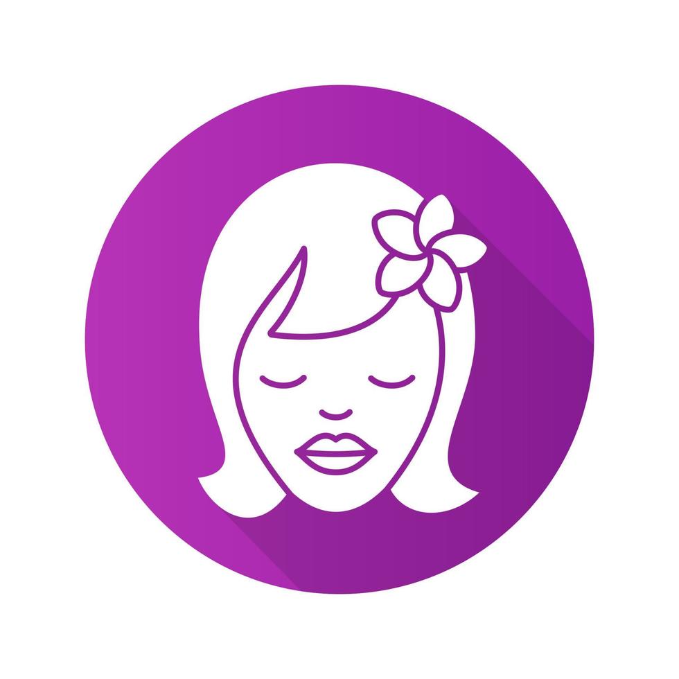 Girl with plumeria flower. Flat design long shadow icon. Aromatherapy. Vector silhouette symbol