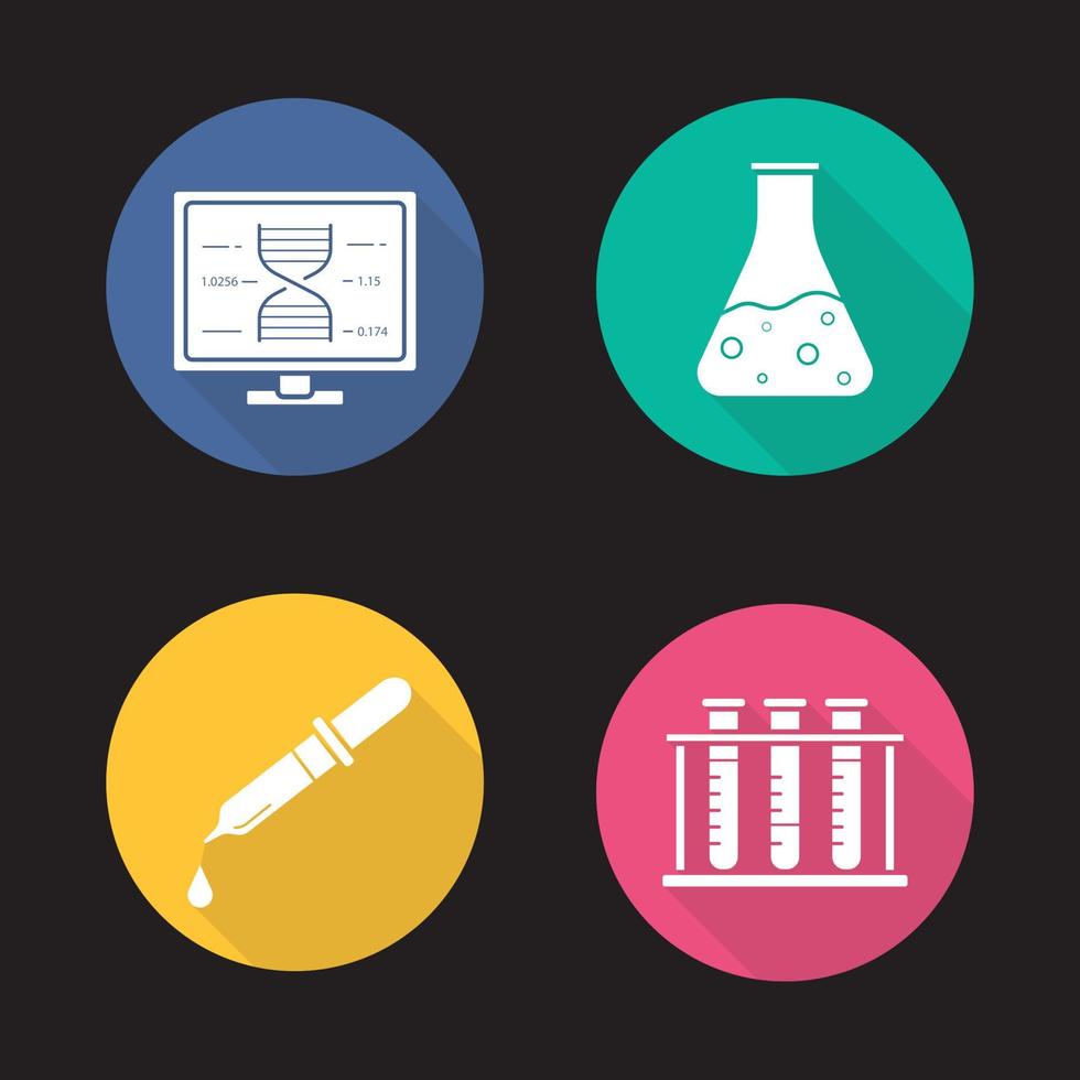 Conjunto de iconos de larga sombra de diseño plano de laboratorio de ciencia. investigación de adn, vaso de precipitados con líquido, gotero médico, gradilla de tubos de ensayo. ilustración de silueta de vector