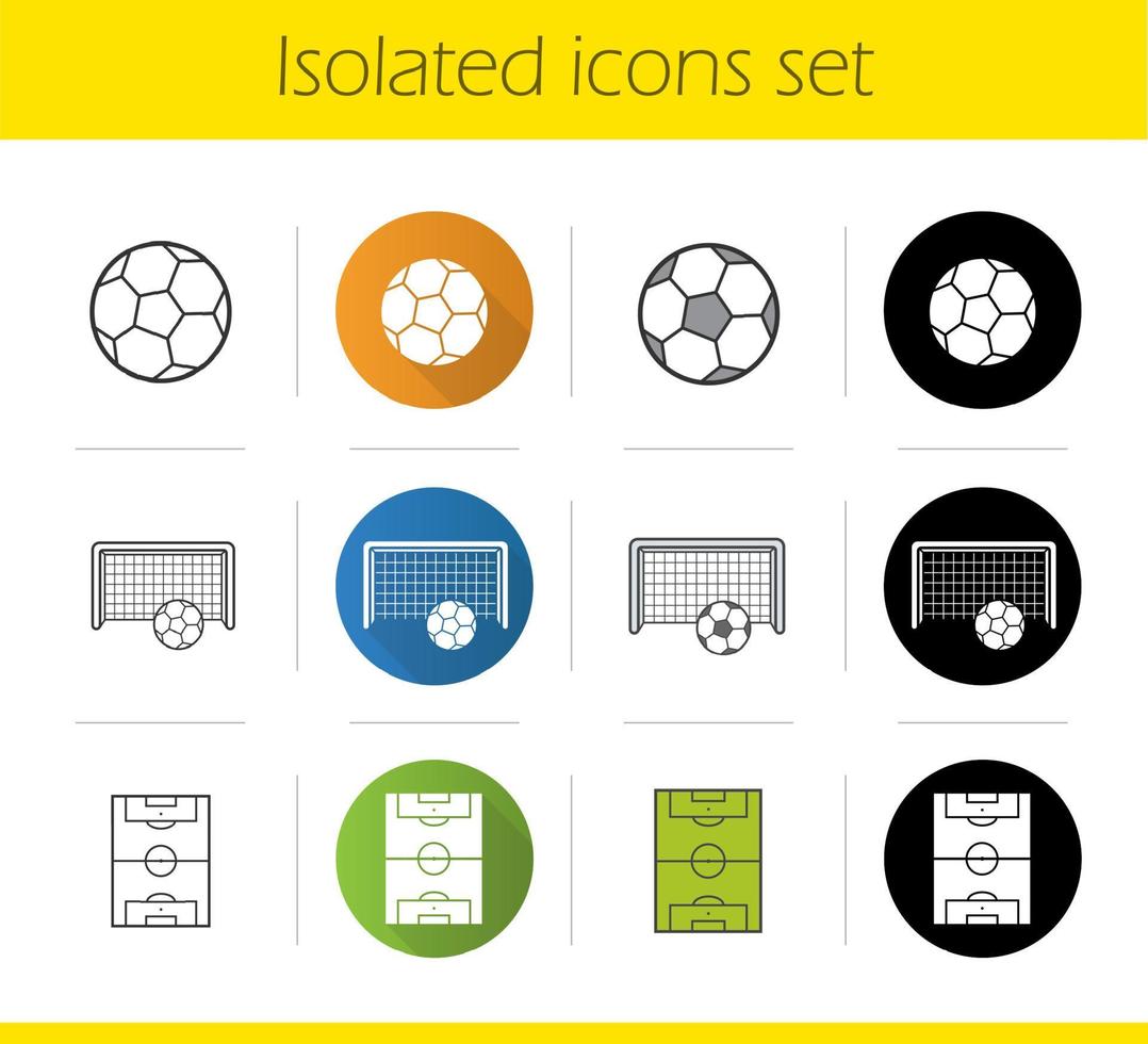 Soccer icons set. Flat design, linear, black and color styles. Football field, goal and ball. Isolated vector illustrations