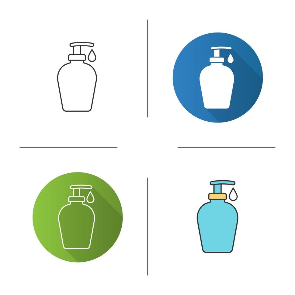 Liquid soap bottle with drop icon. Flat design, linear and color styles. Shower gel. Isolated vector illustrations