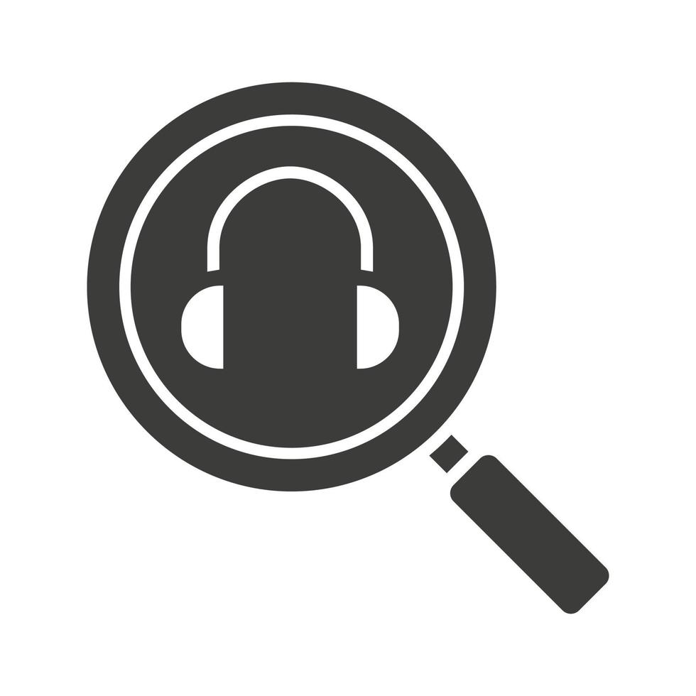 Online music search glyph icon. Silhouette symbol. Magnifying glass with headphones. Negative space. Vector isolated illustration