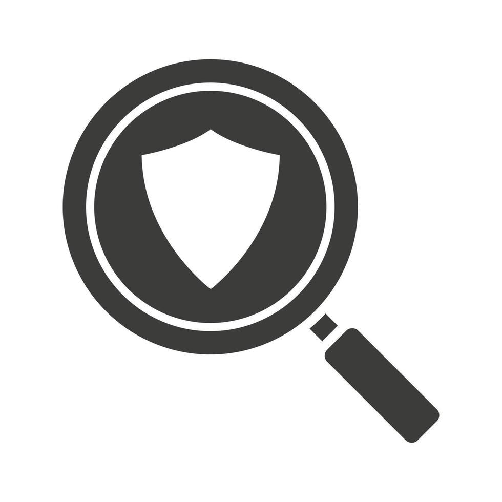 Antivirus program search glyph icon. Cyber security silhouette symbol. Magnifying glass with protection shield. Negative space. Vector isolated illustration