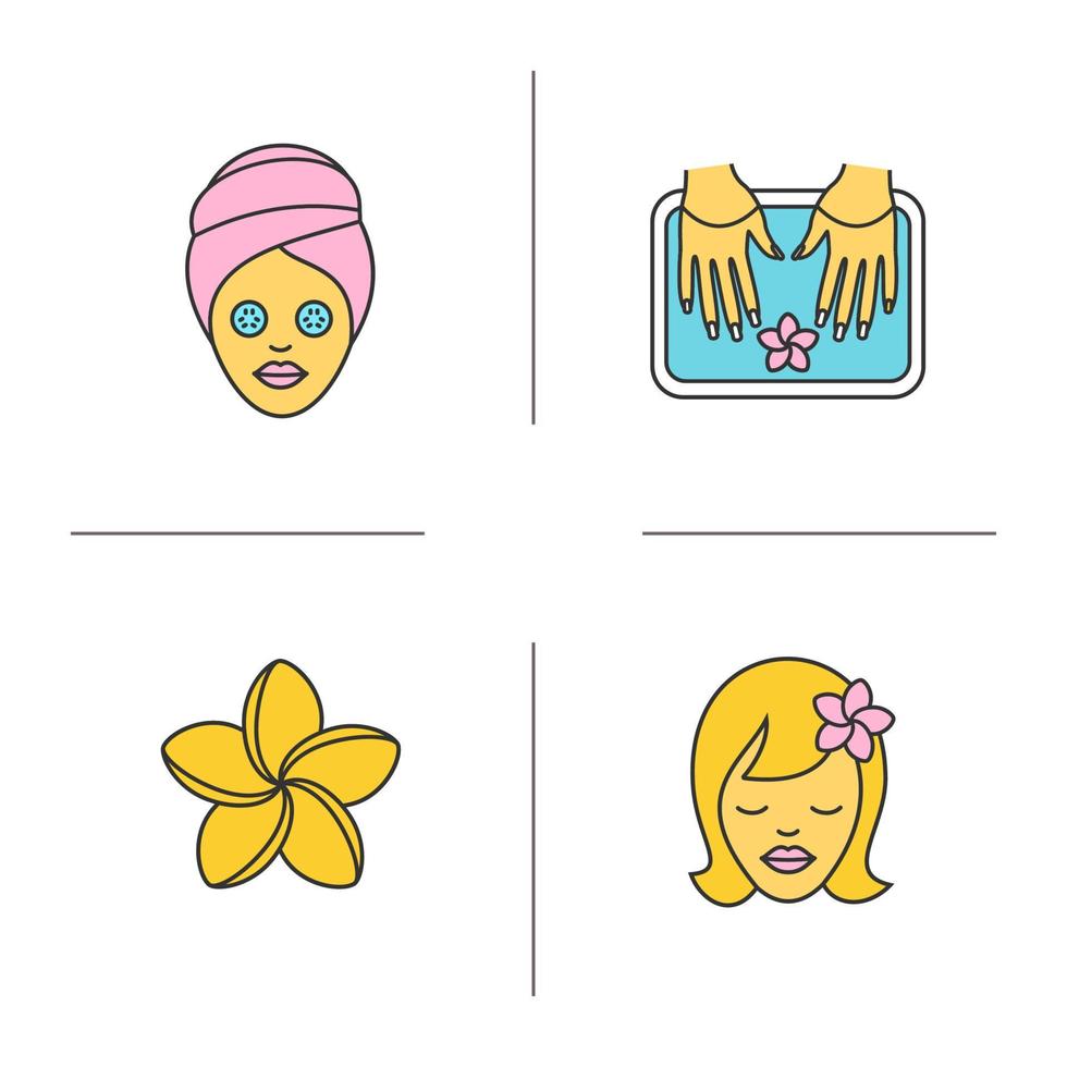 Spa salon color icons set. Woman with cucumber facial mask, girl with plumeria flower, spa nails bath. Isolated vector illustrations