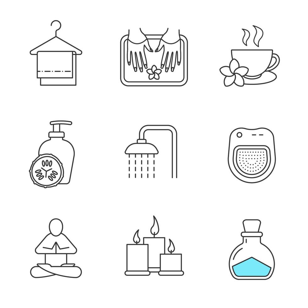 Conjunto de iconos lineales de salón de spa. toallas en la percha, pose de yoga, loción de pepino, ducha, taza de té de hierbas, velas, botella de sal, baño de salón de spa. símbolos de contorno de línea fina. ilustraciones vectoriales aisladas vector