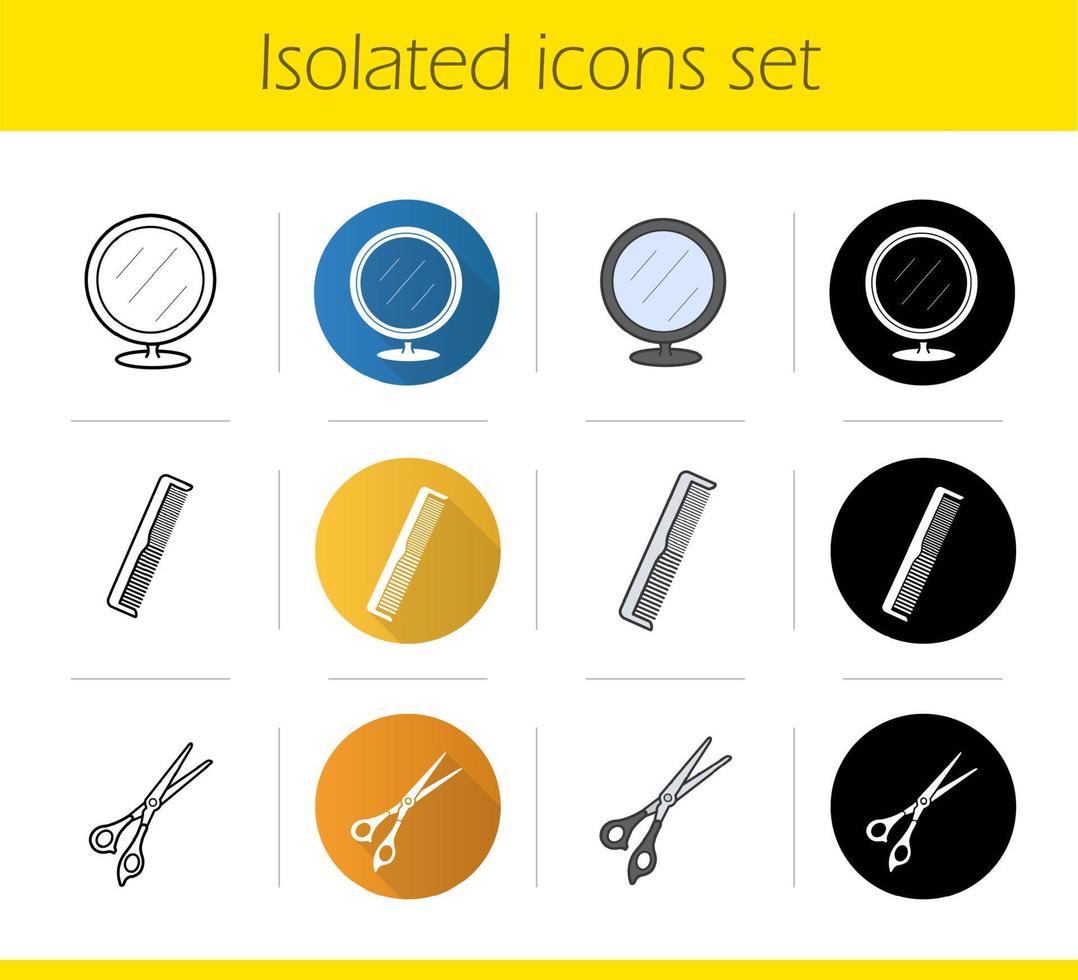 Barbershop accessories icons set. Flat design, linear, black and color styles. Table mirror, scissors, comb. Isolated vector illustrations