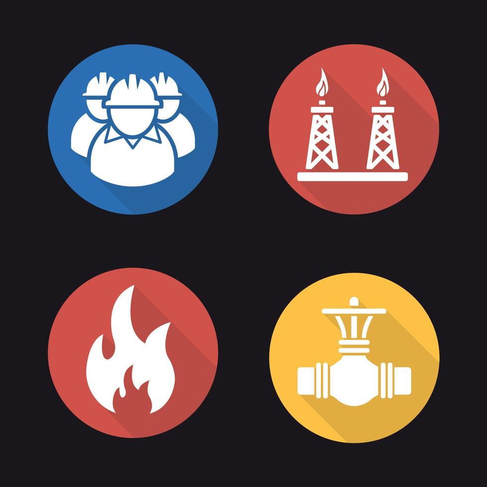 Gas industry flat design long shadow icons set. Industrial workers, pipeline valve, flammable sign, gas platform. Vector silhouette illustration