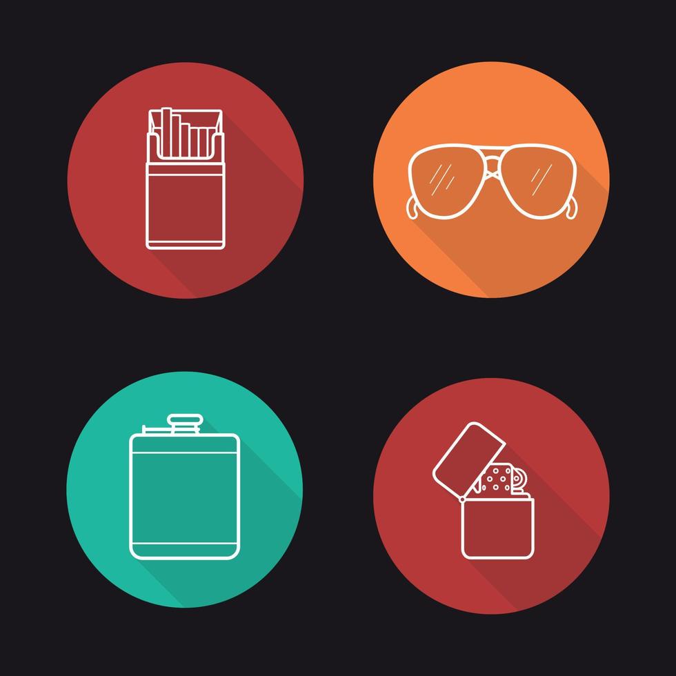 Men's accessories flat linear long shadow icons set. Alcohol hip flask, open cigarette pack, sunglasses and flip lighter. Vector line illustration