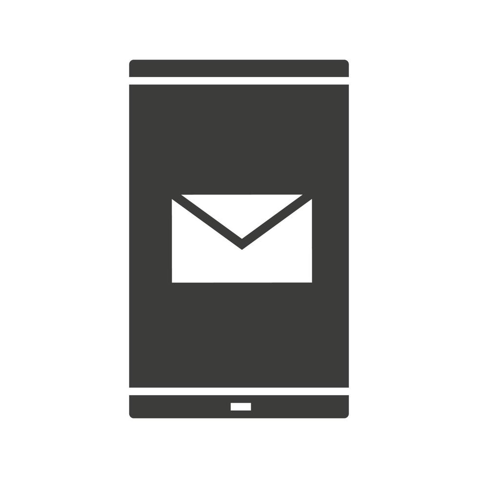 Smartphone sms message glyph icon. Silhouette symbol. Smart phone with email letter. Negative space. Vector isolated illustration