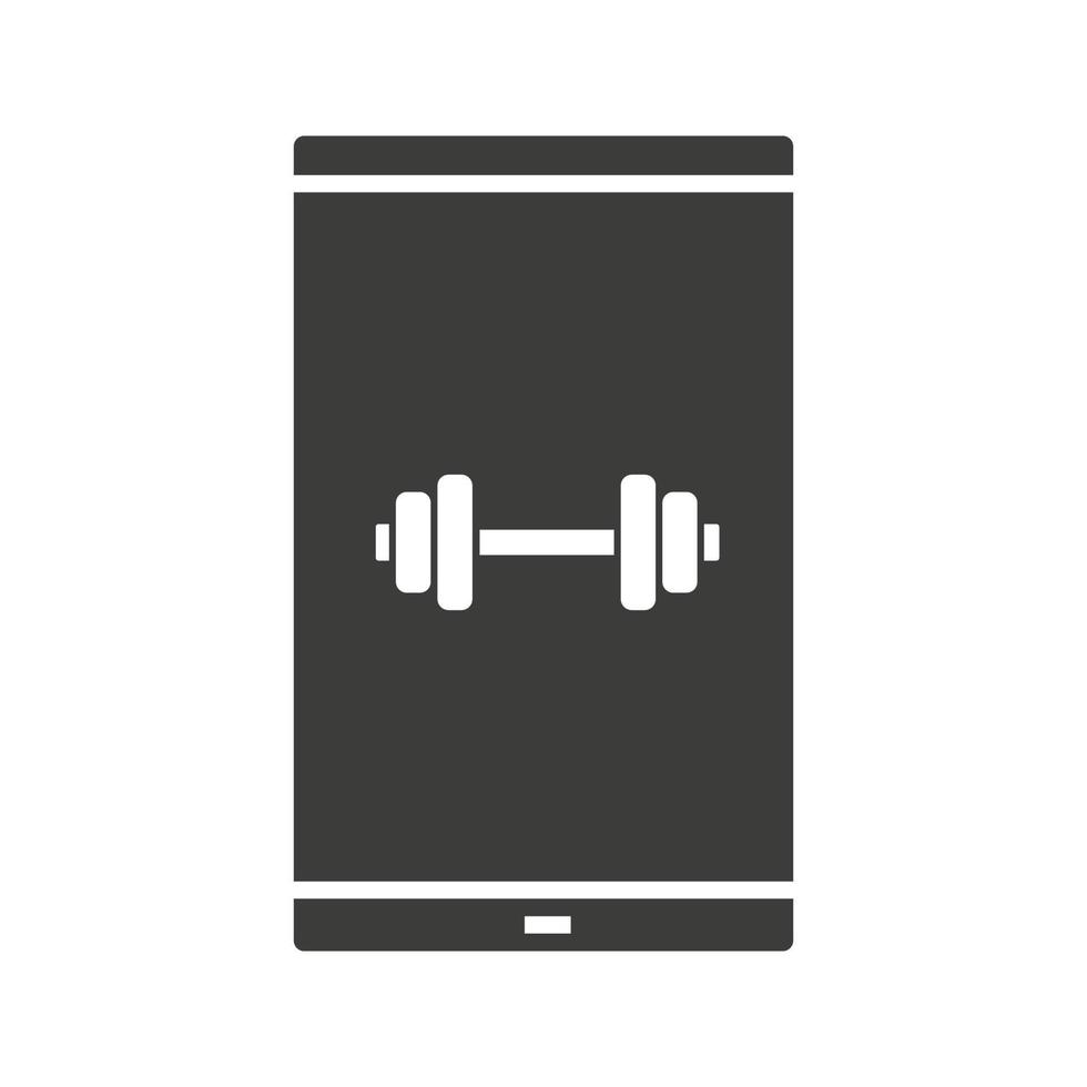 Smartphone fitness app glyph icon. Silhouette symbol. Smart phone with gym barbell. Negative space. Vector isolated illustration