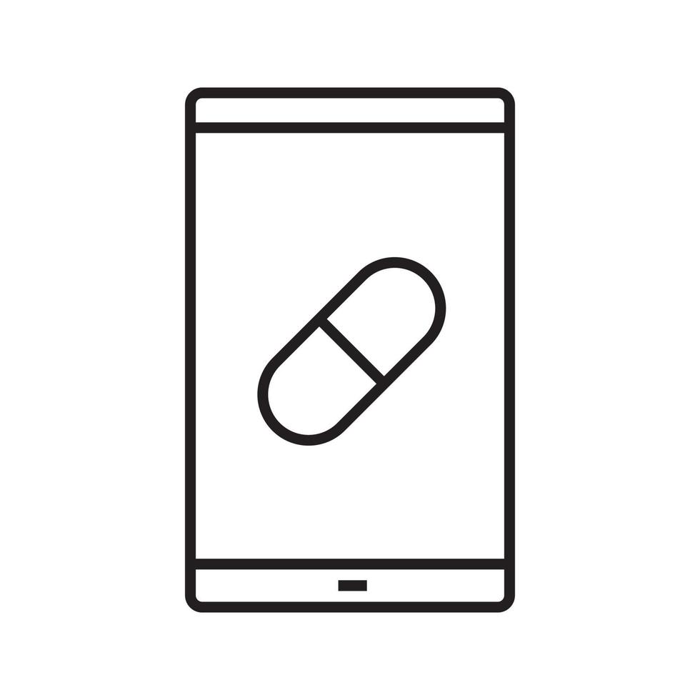 Smartphone medical app linear icon. Thin line illustration. Smart phone with pill. Mobile pharmacy store contour symbol. Vector isolated outline drawing