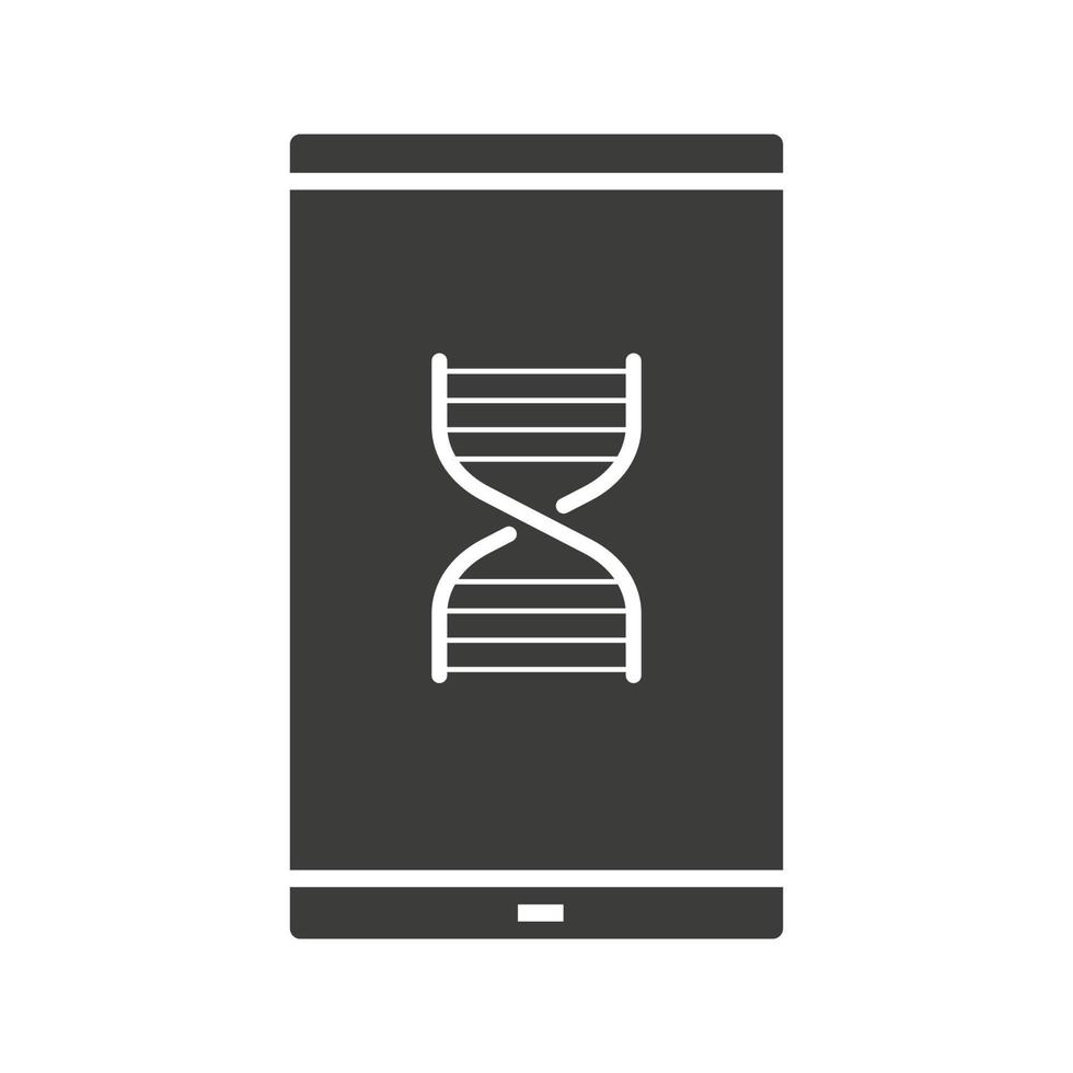 Smartphone science app glyph icon. Silhouette symbol. Smart phone with DNA chain model. Negative space. Vector isolated illustration