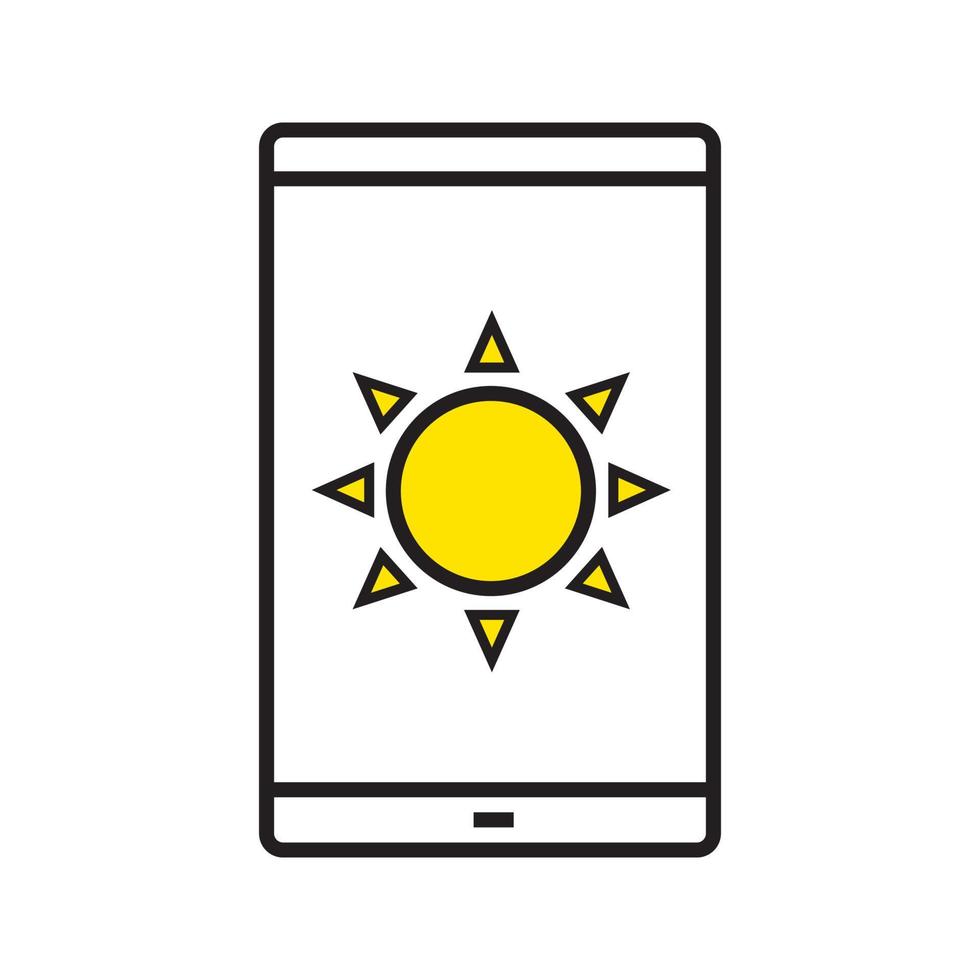 icono lineal de carga solar de smartphone. Ilustración de línea fina. aplicación de pronóstico del tiempo. teléfono inteligente con símbolo de contorno de sol. dibujo de contorno aislado vectorial vector