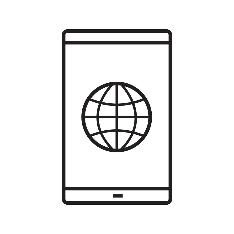 Smartphone network connection linear icon. Thin line illustration. Smart phone with globe model contour symbol. Vector isolated outline drawing