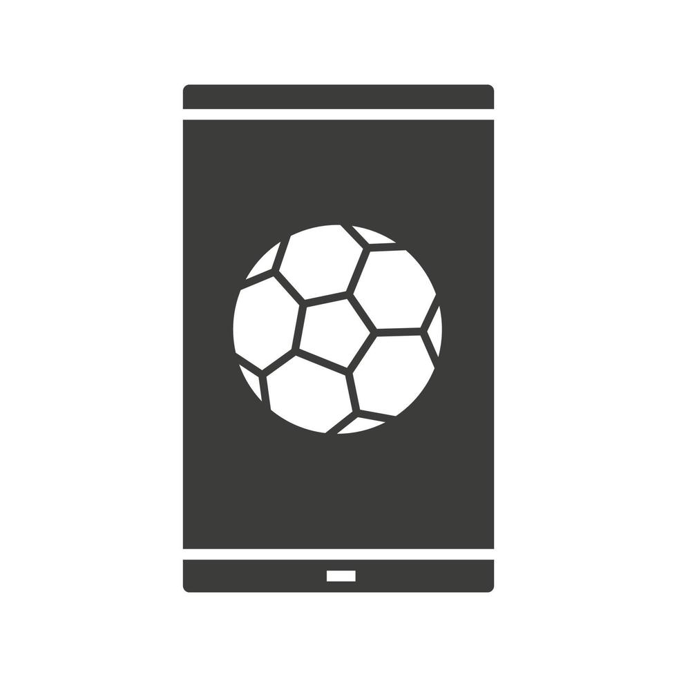 icono de glifo de juego de fútbol de teléfono inteligente. aplicación de apuestas deportivas. símbolo de silueta. teléfono inteligente con pelota de fútbol. espacio negativo. vector ilustración aislada