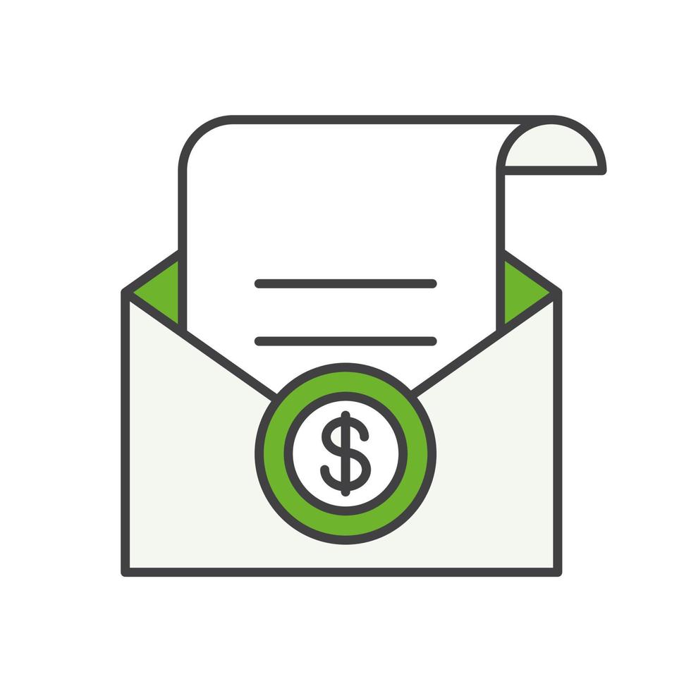 Salary color icon. Check in open envelope. Isolated vector illustrations