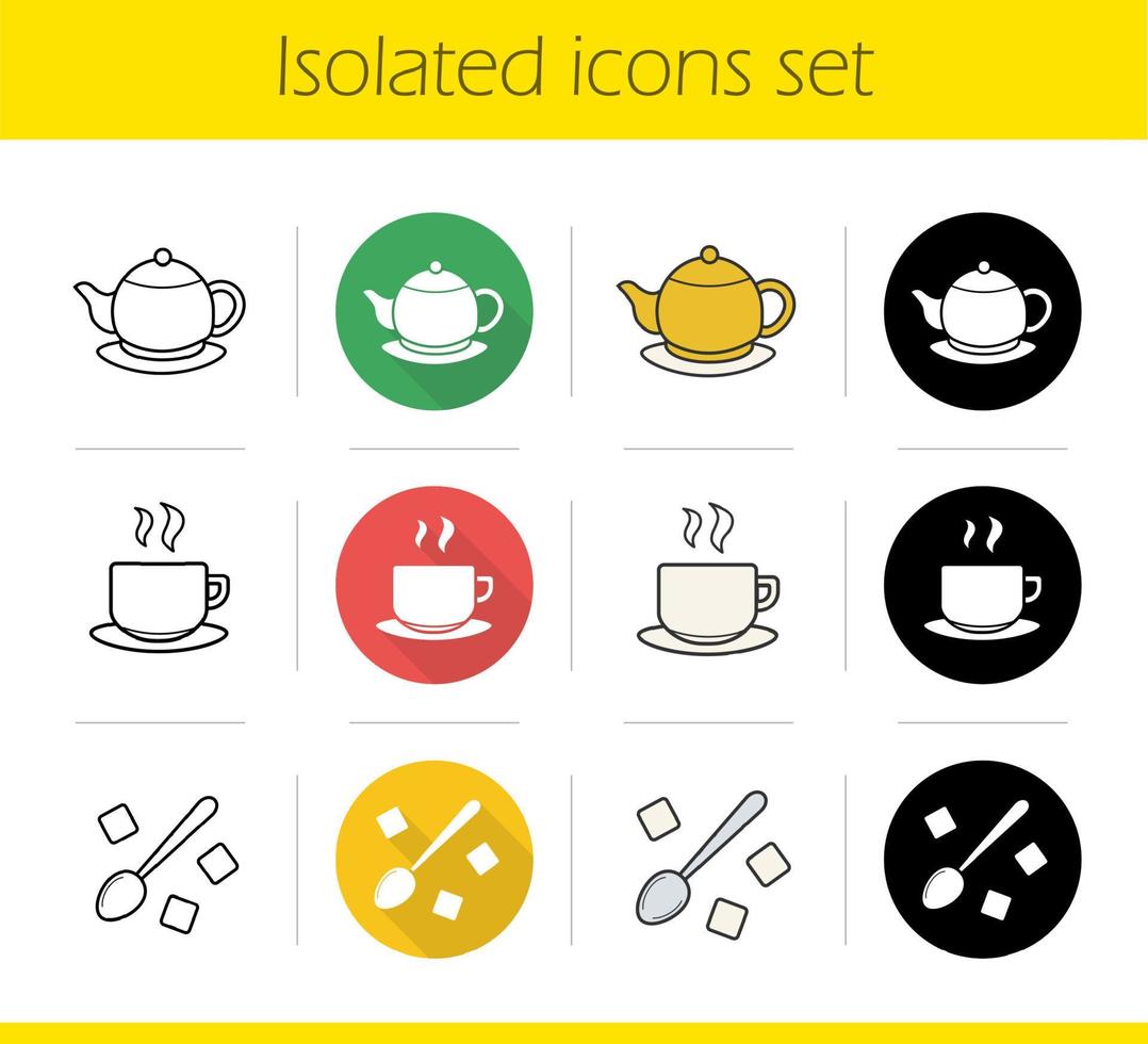 Tea icons set. Flat design, linear, black and color styles. Brewing teapot, steaming cup on plate, teaspoon with sugar cubes. Isolated vector illustrations