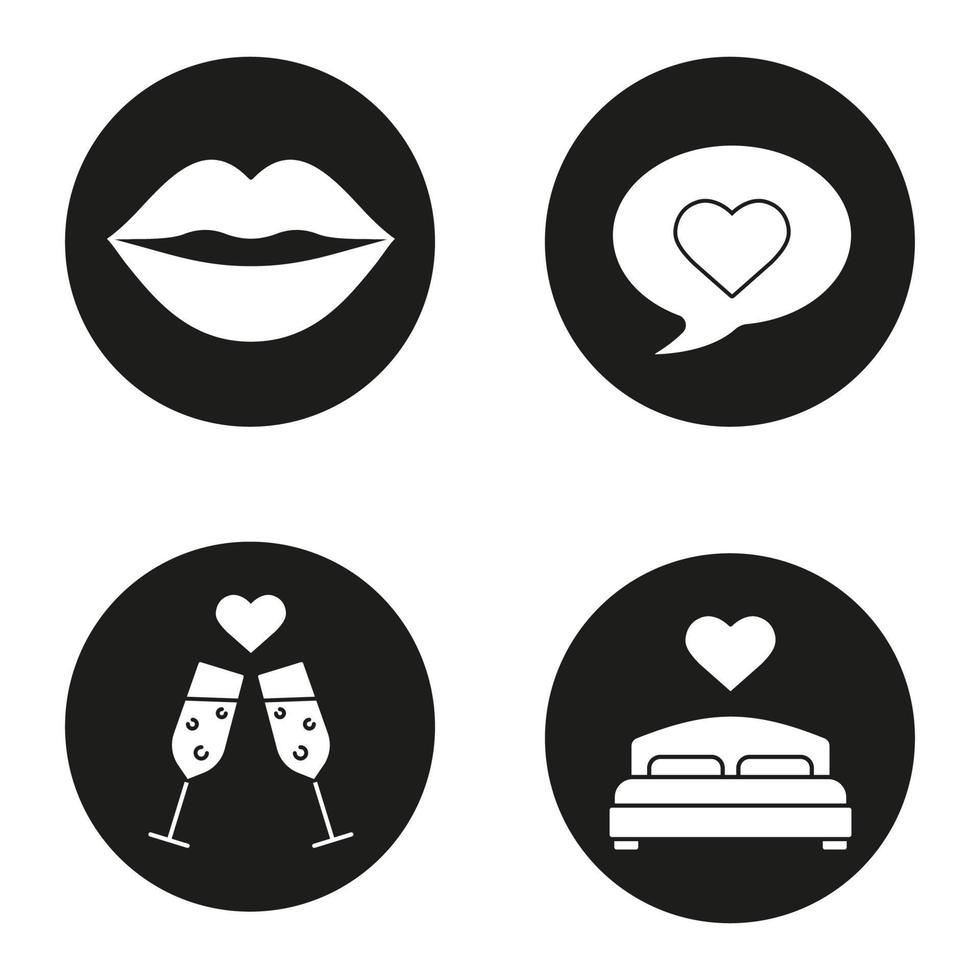 Romantics icons set. Kiss, love message, romantic date, lovers bed. Vector white silhouettes illustrations in black circles