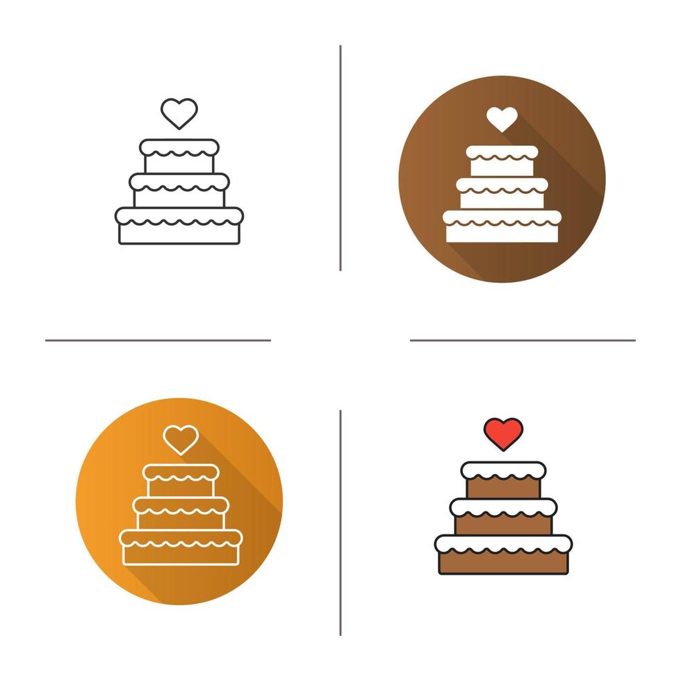 Wedding cake icon. Flat design, linear and color styles. Chocolate cake with heart shape above. Isolated vector illustrations
