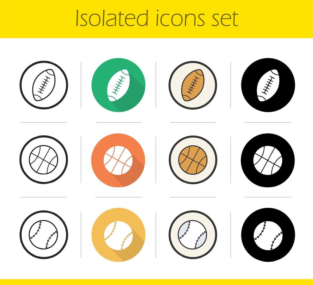Sport balls icons set. Flat design, linear, black and color styles. American football, baseball and basketball balls. Isolated vector illustrations
