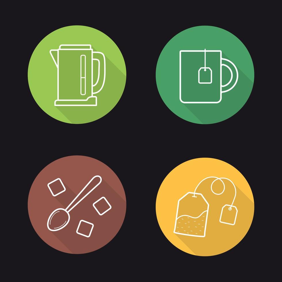 conjunto de iconos de larga sombra lineal plana de té. hervidor eléctrico, taza con bolsita de té, cucharadita, terrones de azúcar. ilustración de línea vectorial vector