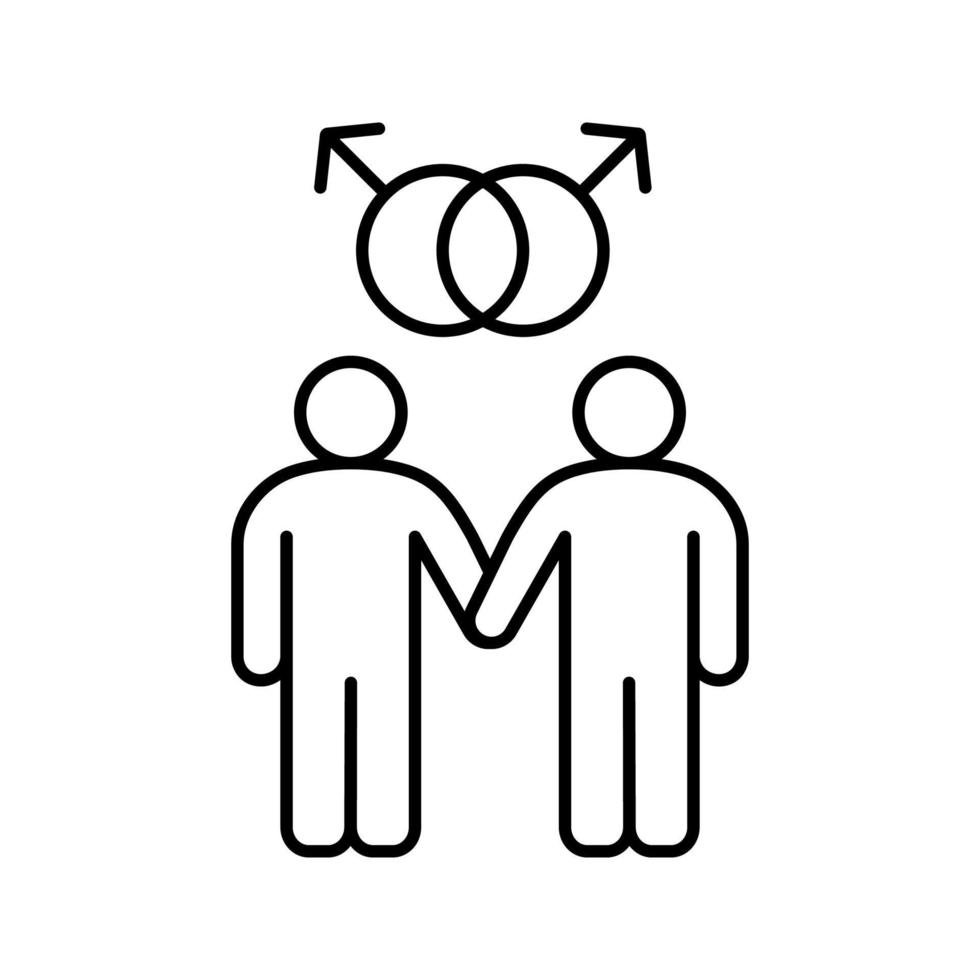 Gay couple linear icon. Thin line illustration. Gay boys with interlocked Mars signs above. Two men holding hands contour symbol. Vector isolated outline drawing