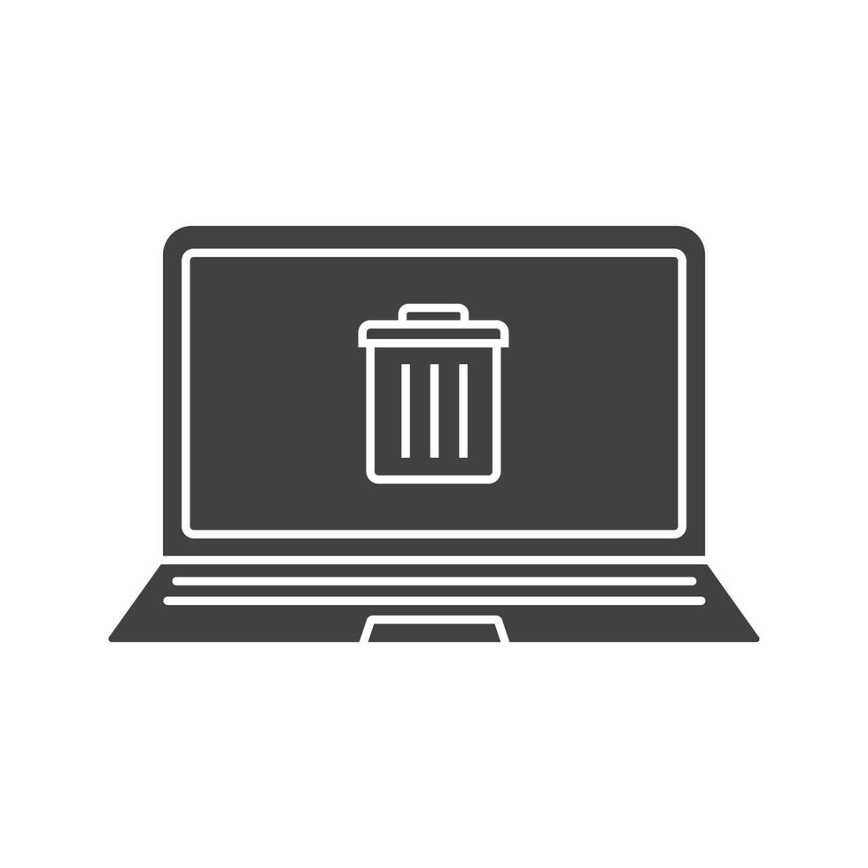 Laptop trash glyph icon. Silhouette symbol. Laptop with trashcan. Negative space. Vector isolated illustration