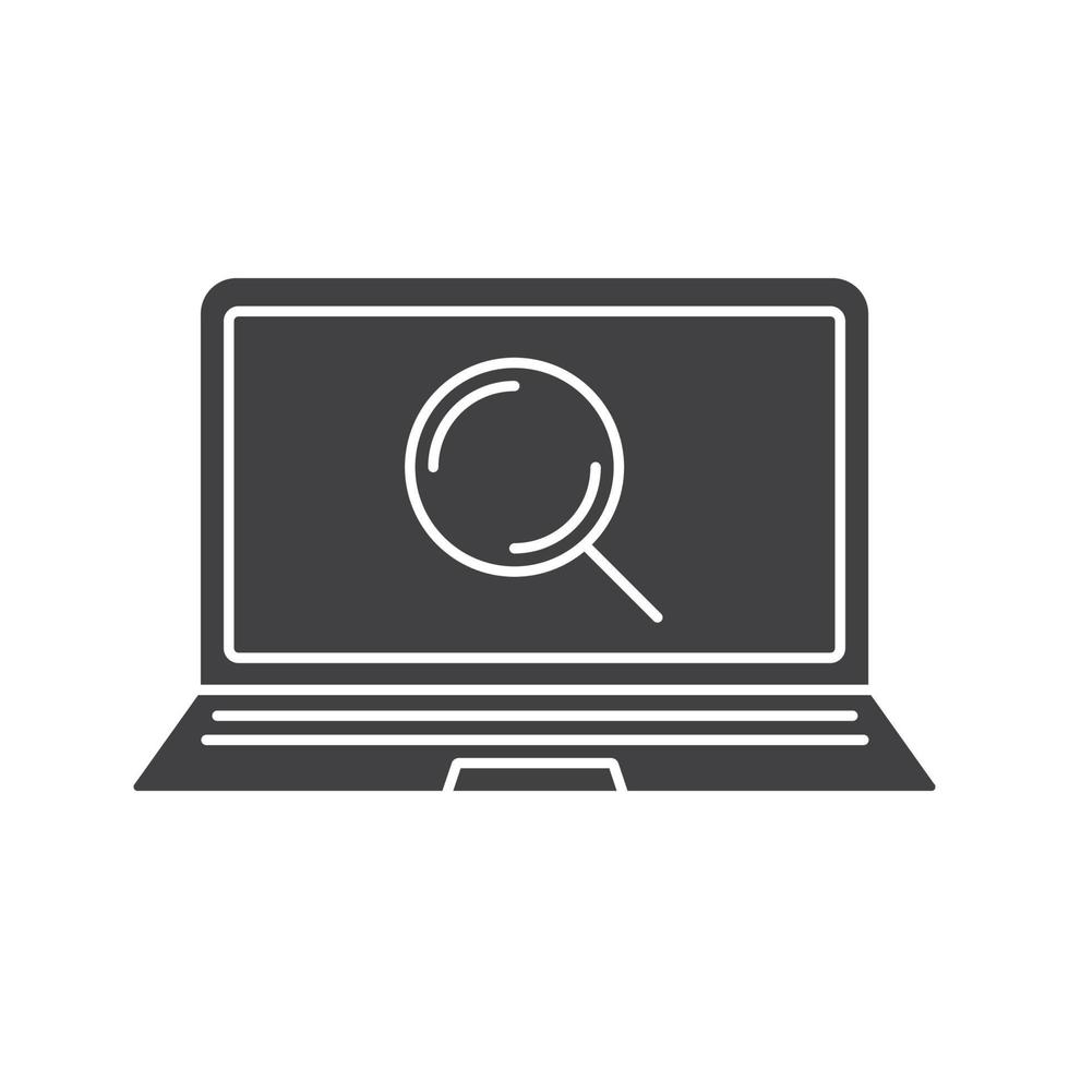 Laptop search glyph icon. Silhouette symbol. Notebook with magnifying glass. Negative space. Vector isolated illustration