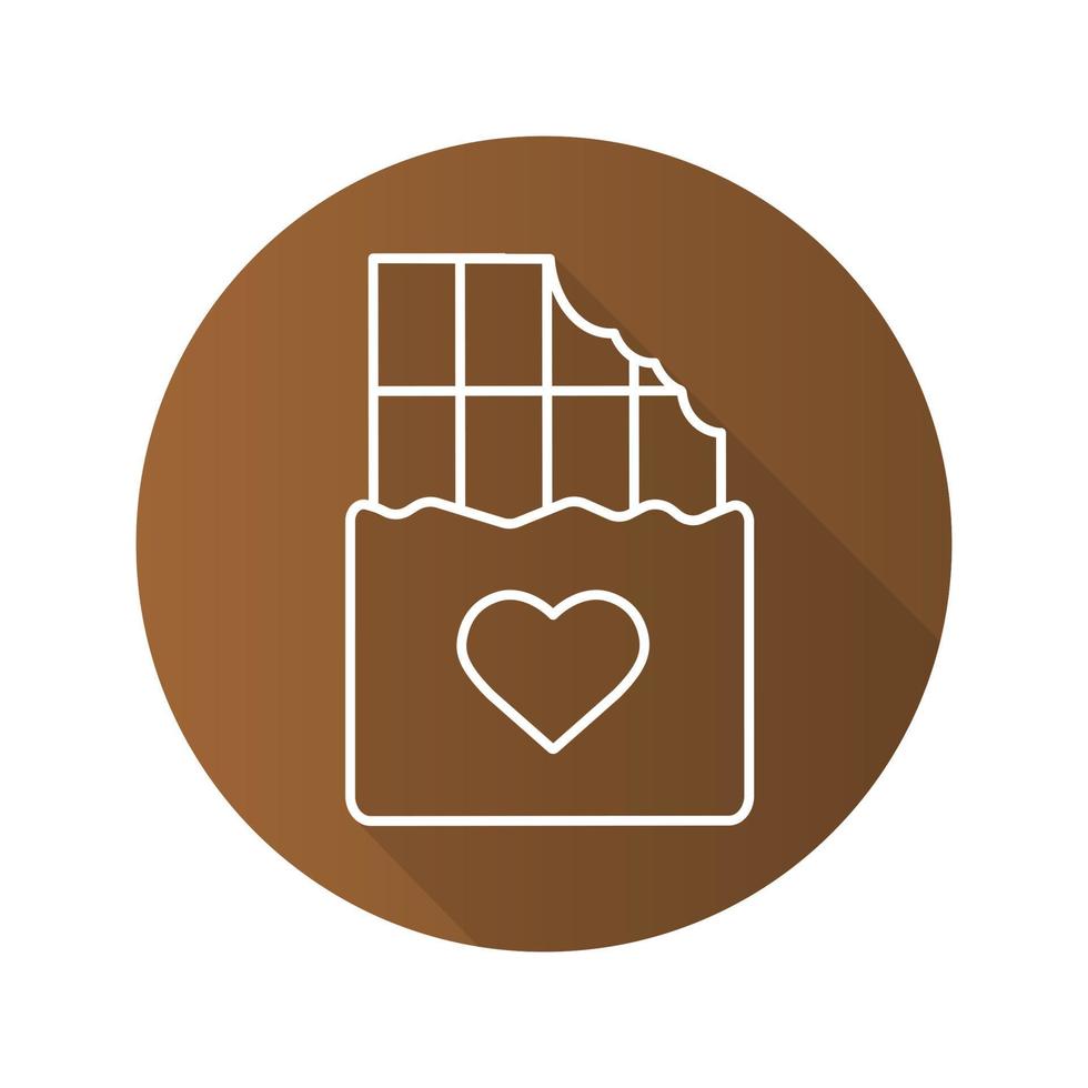 Chocolate bar flat linear long shadow icon. Bitten chocolate bar with heart shape. Vector line symbol