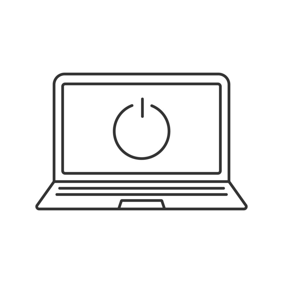 Turn off laptop linear icon. Thin line illustration. Smart phone with shut down button contour symbol. Vector isolated outline drawing