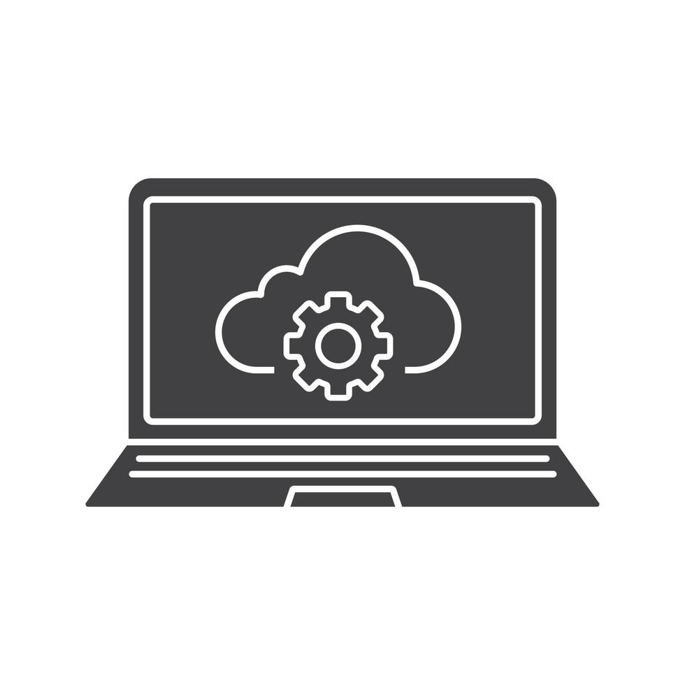 Laptop cloud computing glyph icon. Silhouette symbol. Notebook with cloud storage settings. Negative space. Vector isolated illustration