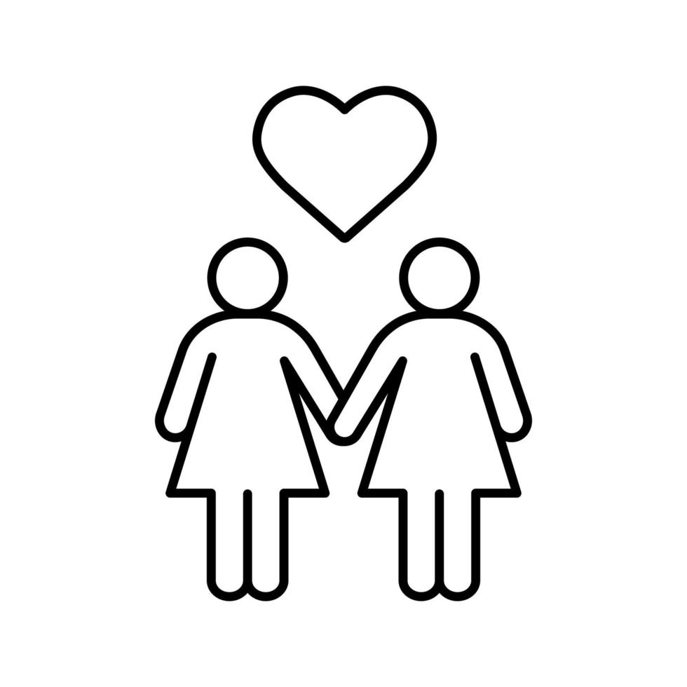 Lesbian couple linear icon. Thin line illustration. Lesbian girls with heart shape above contour symbol. Vector isolated outline drawing