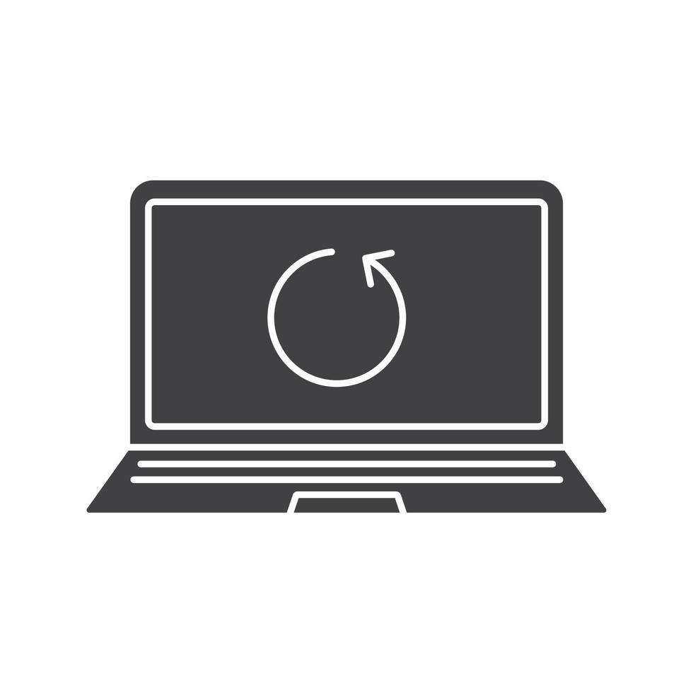 Laptop restart glyph icon. Silhouette symbol. Notebook with cycling arrow. Negative space. Vector isolated illustration