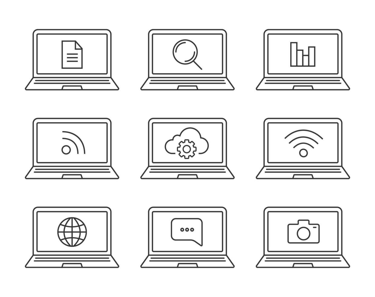 conjunto de iconos lineales de portátiles. laptops con señal wifi, rss, estadísticas, búsqueda, mensaje, documento, cámara de fotos, computación en la nube. símbolos de contorno de línea fina. ilustraciones vectoriales aisladas vector