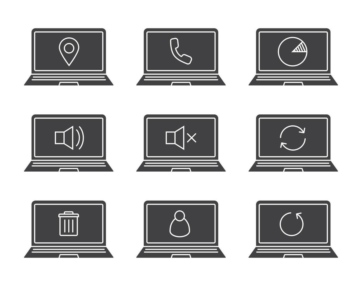 Laptops glyph icons set. Silhouette symbols. Laptops with gps pinpoint, user, trash, reload arrows, mute on and off, statistics, phone. Vector isolated illustration