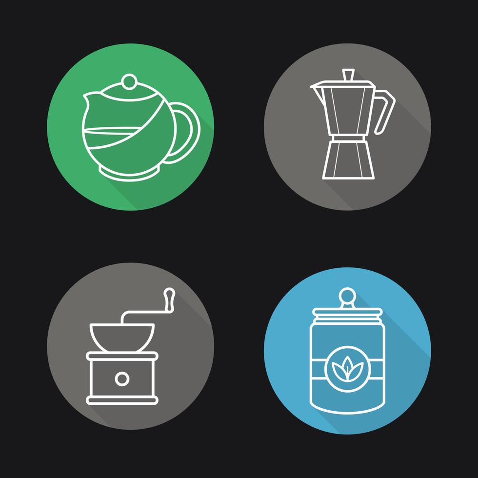 Tea and coffee flat linear long shadow icons set. Brewing teapot, classic coffee maker, vintage grinder, tea jar. Tea and coffee brewing equipment Logo concepts. Vector illustrations