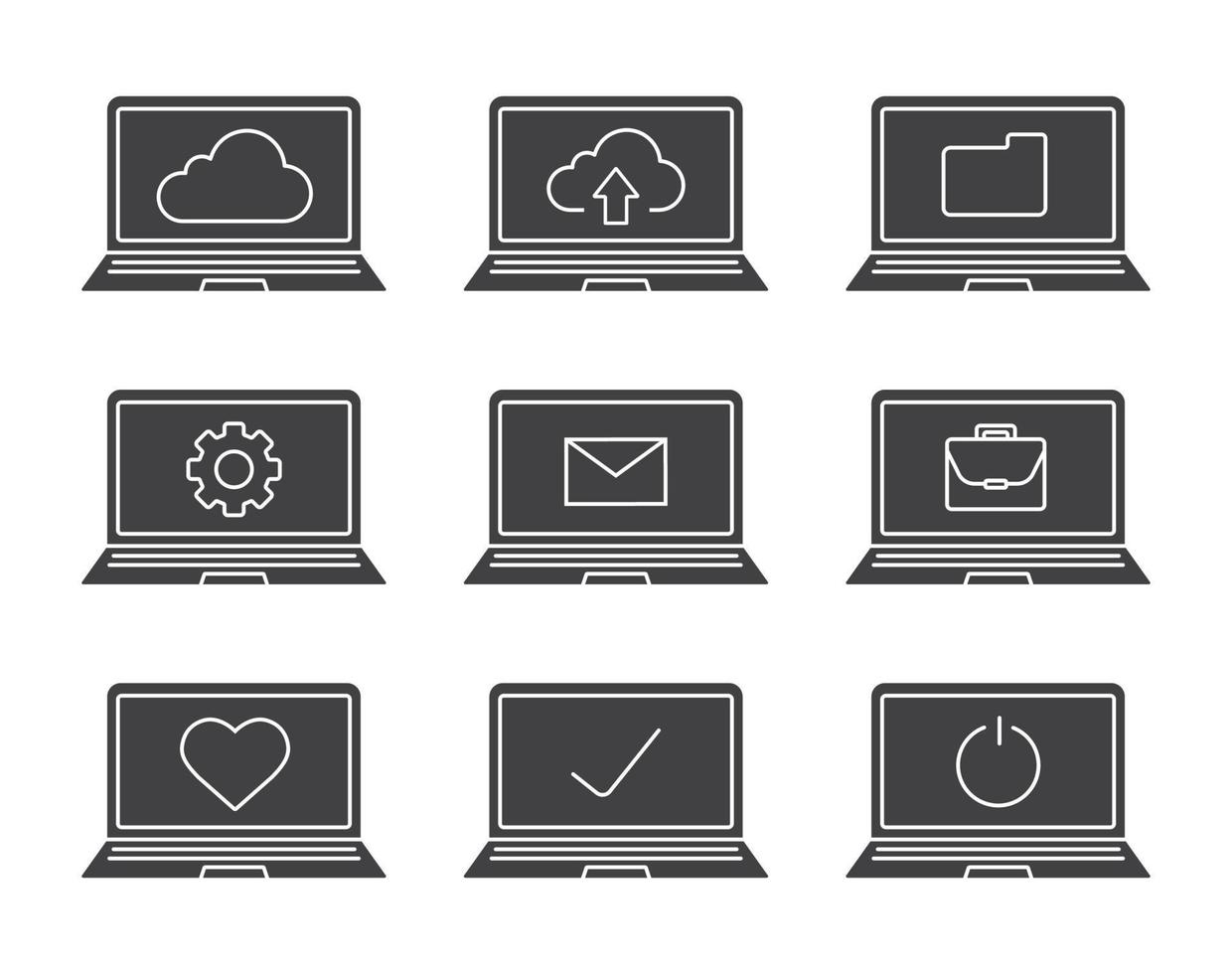 Laptops glyph icons set. Silhouette symbols. Laptops with folder, settings, cloud computing, email, tick, heart, briefcase, turn off button. Vector isolated illustration