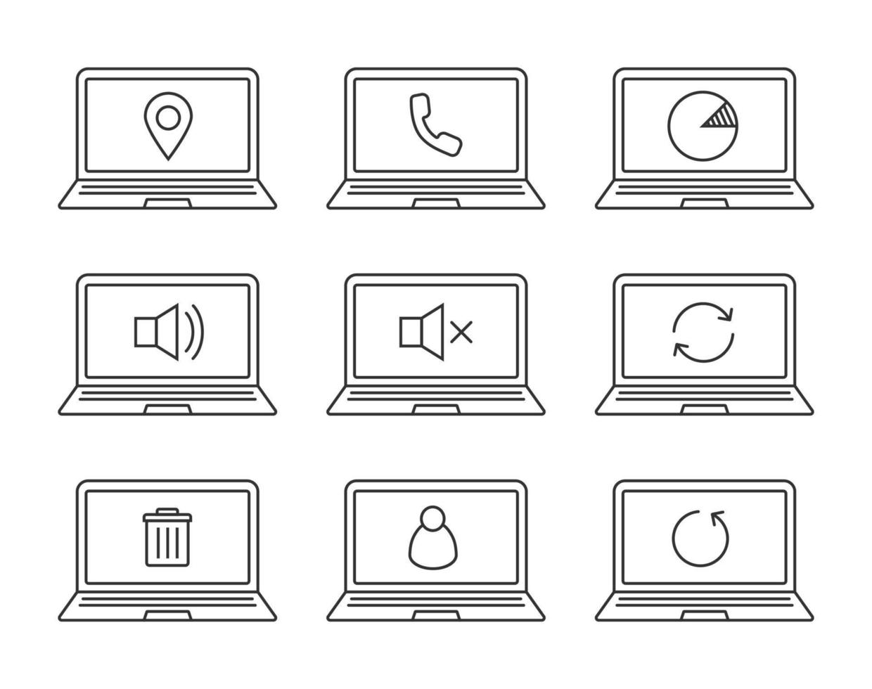 Laptops linear icons set. Laptops with gps pinpoint, user, trash, reload arrows, mute on and off, statistics, phone. Thin line contour symbols. Isolated vector illustrations