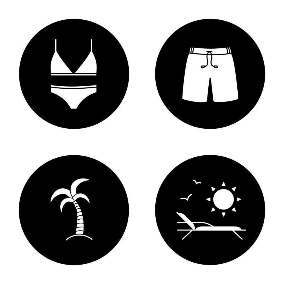 Summer icons set. Women's swimsuit, swimming trunks, palm tree, beach chair with birds and sun. Vector white silhouettes illustrations in black circles