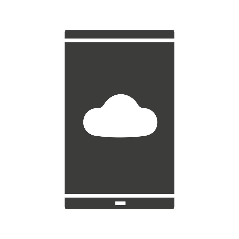 Smartphone cloud storage glyph icon. Silhouette symbol. Cloud computing. Negative space. Vector isolated illustration