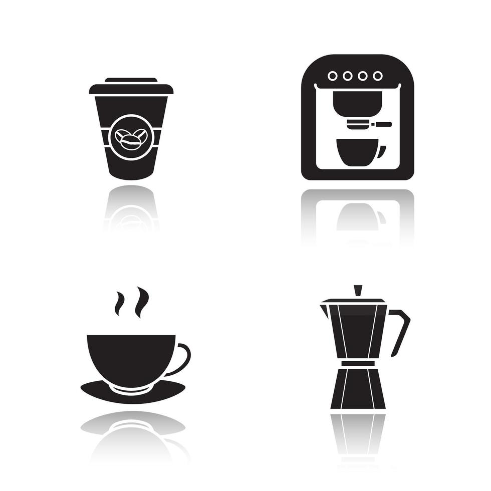 Coffee drop shadow black icons set. Modern and classic coffee makers, disposable and steaming cups. Isolated vector illustrations