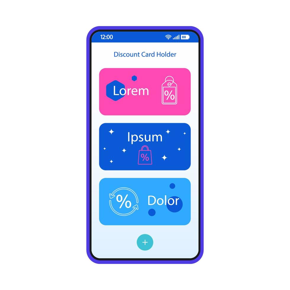 Discount card holder smartphone interface vector template. Mobile app page blue design layout. Electronic wallet screen. Flat UI for application. Shopping, sale, rewards cards. Phone display