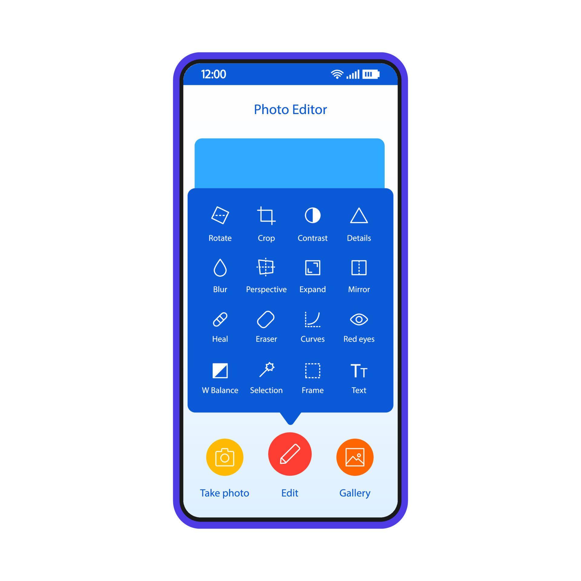 Photo editor smartphone interface vector template. Mobile app page blue