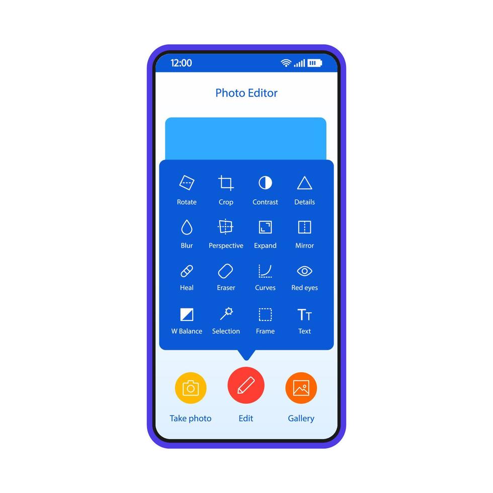 Photo editor smartphone interface vector template. Mobile app page blue design layout. Online photo editing, correction. Filters, effects, textures screen. Flat UI for application. Phone display