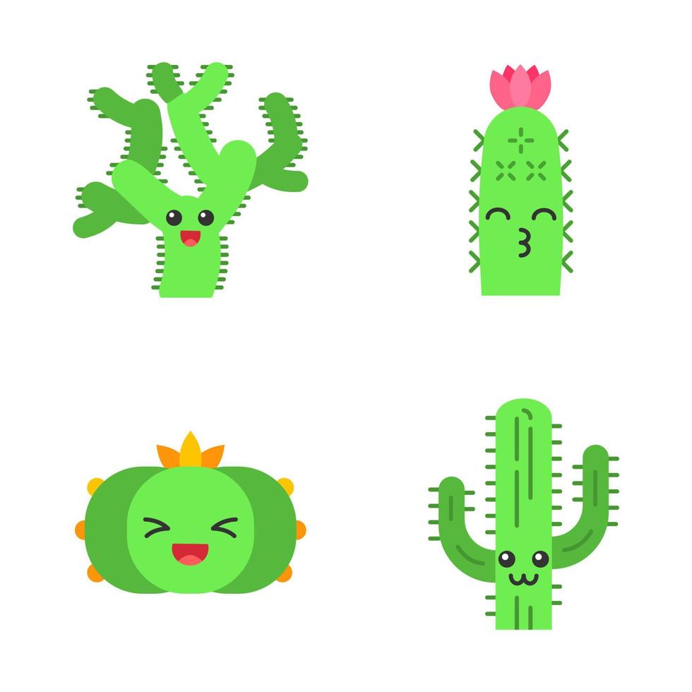 Cactuses flat design long shadow color icons set. Plants with smiling faces. Laughing peyote cactus, teddy bear cholla. Kissing hedgehog wild cacti. Succulent plants. Vector silhouette illustrations