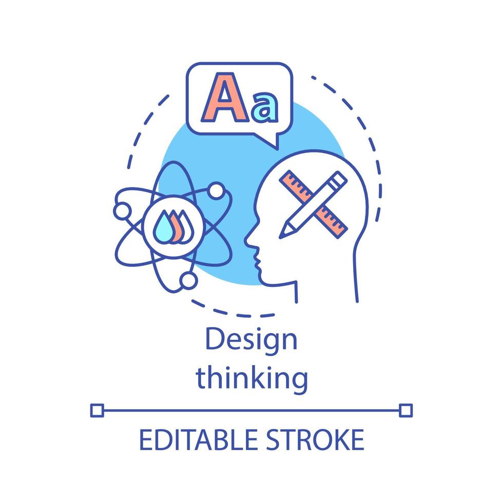 Design thinking concept icon. Creativity. Designer work. Visual embodiment. Create innovative solution idea thin line illustration. Vector isolated outline drawing. Editable stroke