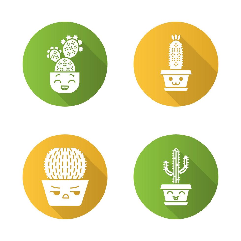 cactus diseño plano larga sombra glifo conjunto de iconos. plantas con caras sonrientes. riendo saguaro y tuna. cactus erizo feliz. cactus caseros en macetas. suculentas. ilustración de silueta de vector