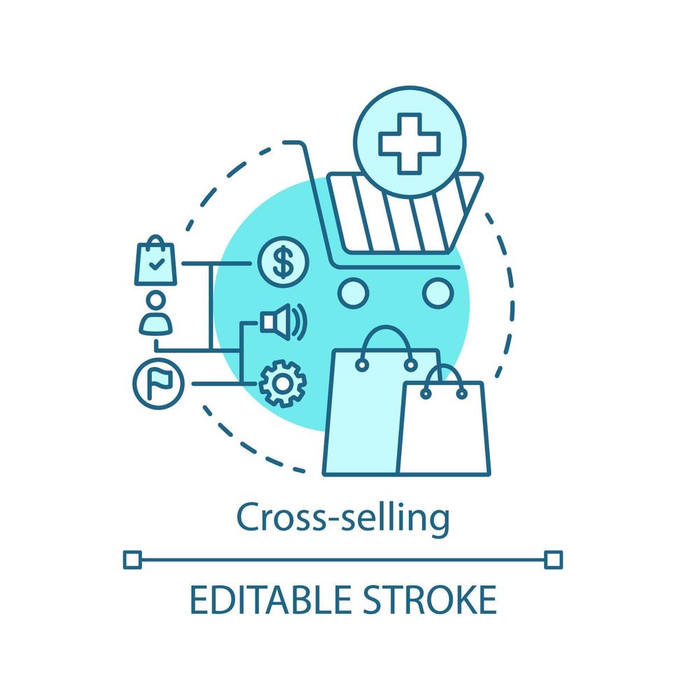 Cross-selling concept icon. Sale method idea thin line illustration. Selling related products or service. CRM system. Business management. Vector isolated outline drawing. Editable stroke