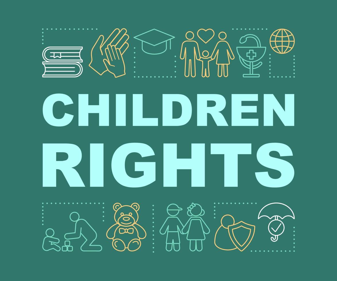 Children rights word concepts banner. Child educating, protecting, treating, loving. Presentation, website. Isolated lettering typography idea with linear icons. Family. Vector outline illustration