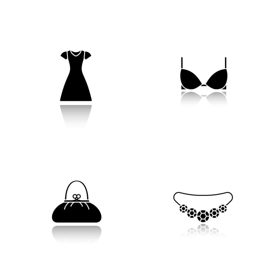 Women's clothes and accessories. Drop shadow black icons set. Sun frock, brassiere, necklace, purse. Isolated vector illustrations