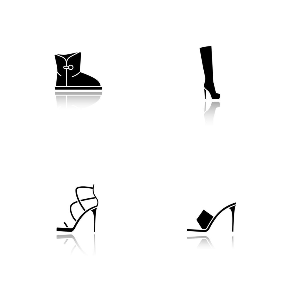 conjunto de iconos negros de sombra de caída de calzado de mujer. Zapatos de tacón alto, botas de invierno cálido y botas altas de otoño. ilustraciones vectoriales aisladas vector